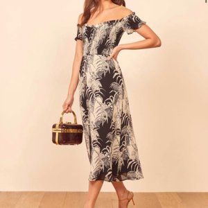 Reformation Black and White Off-Shoulder Midi Dress